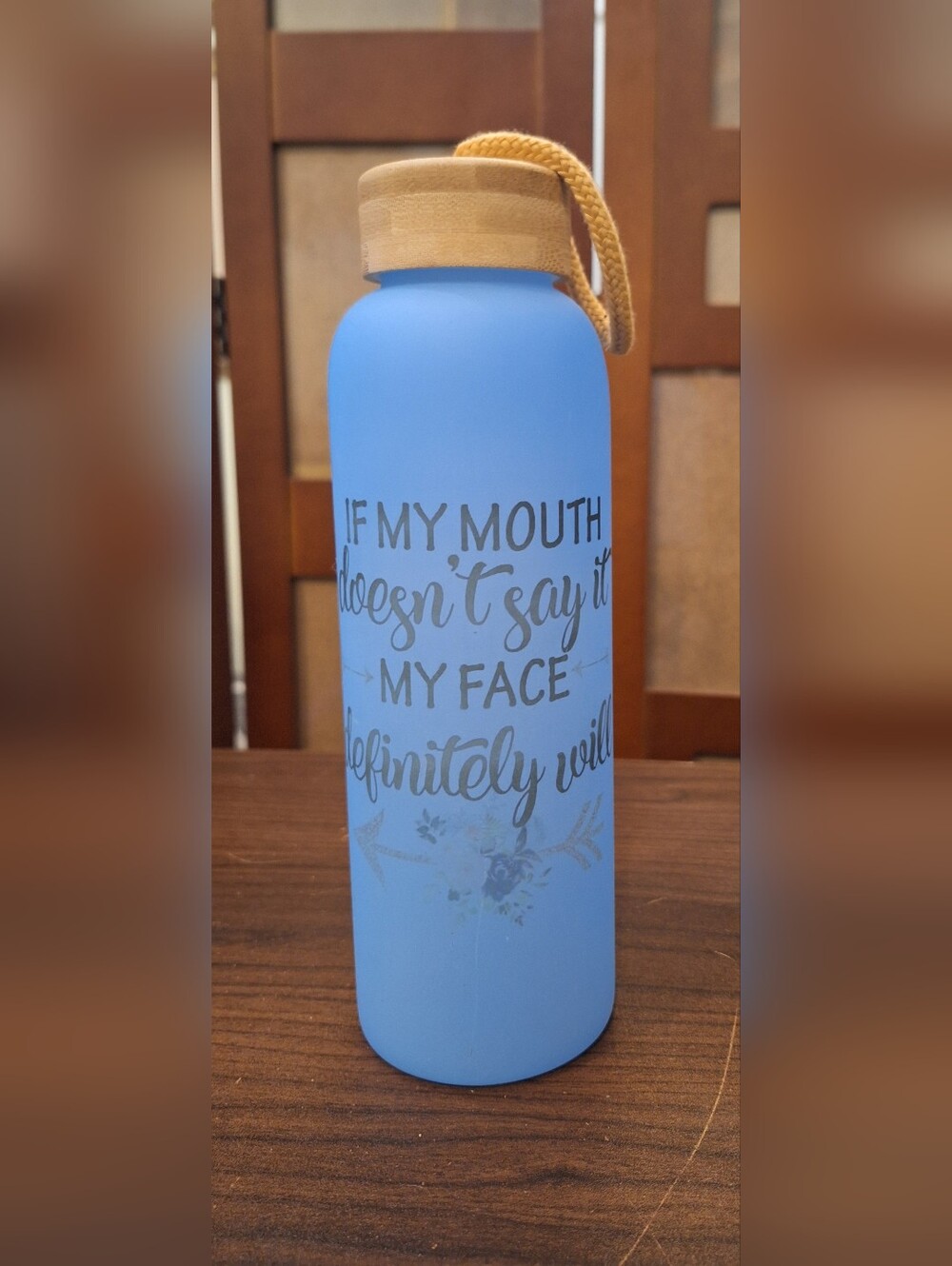 Blue Insulated Water Bottle with Bamboo Lid - Motivational Script